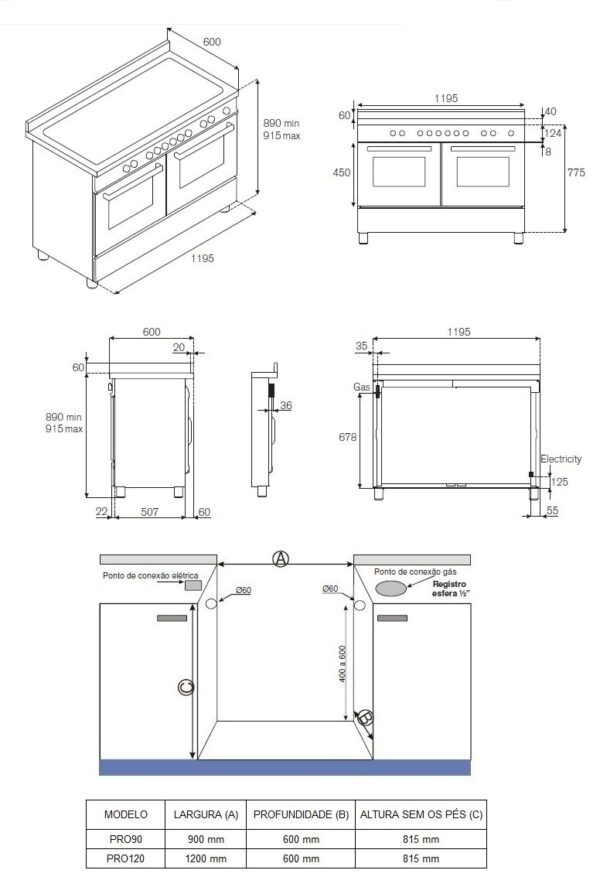 Fogão PRO126 Bertazzoni e nicho de embutimento - medidas em mm.