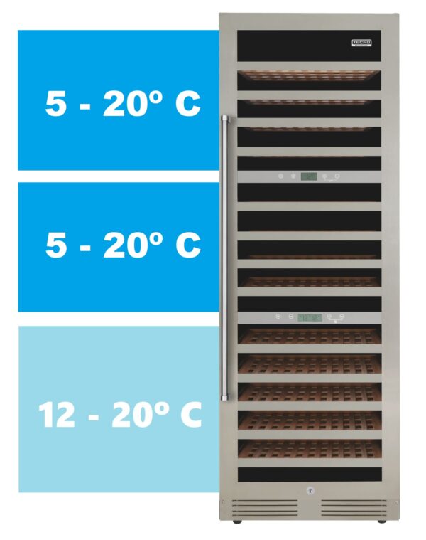 3 Zonas de Temperaturas: realizam uma perfeita conservação de todos os tipos de vinhos em suas corretas temperaturas de consumo ou armazenamento com elevada precisão. A temperatura pode ser regulada de 5 °C a 20 °C nas zonas superior e intermediária e de 12 ºC a 20 ºC na zona inferior sendo distribuída de forma ventilada e homogênea por todo o seu interior.