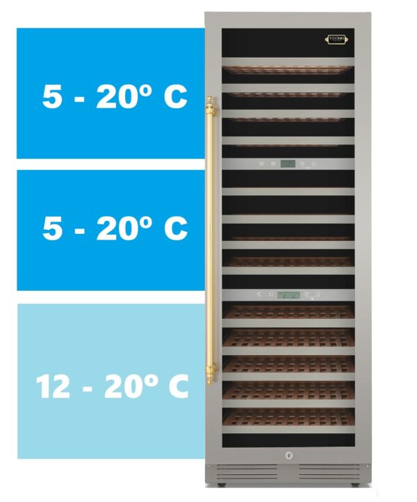 3 Zonas de Temperaturas: realizam uma perfeita conservação de todos os tipos de vinhos em suas corretas temperaturas de consumo ou armazenamento com elevada precisão. A temperatura pode ser regulada de 5 °C a 20 °C nas zonas superior e intermediária e de 12 ºC a 20 ºC na zona inferior sendo distribuída de forma ventilada e homogênea por todo o seu interior.