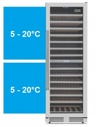 2 Zonas de Temperaturas Independentes: realizam uma perfeita conservação de todos os tipos de vinhos em suas corretas temperaturas de consumo ou armazenamento com elevada precisão. A temperatura pode ser regulada de 5 °C a 20 °C nas duas zonas, sendo distribuída de forma ventilada e homogênea por todo o seu interior.