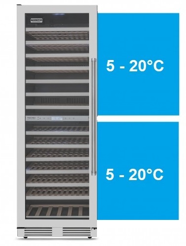 2 Zonas de Temperaturas Independentes: realizam uma perfeita conservação de todos os tipos de vinhos em suas corretas temperaturas de consumo ou armazenamento com elevada precisão. A temperatura pode ser regulada de 5 °C a 20 °C nas duas zonas, sendo distribuída de forma ventilada e homogênea por todo o seu interior.