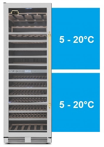 2 Zonas de Temperaturas Independentes: realizam uma perfeita conservação de todos os tipos de vinhos em suas corretas temperaturas de consumo ou armazenamento com elevada precisão. A temperatura pode ser regulada de 5 °C a 20 °C nas duas zonas, sendo distribuída de forma ventilada e homogênea por todo o seu interior.