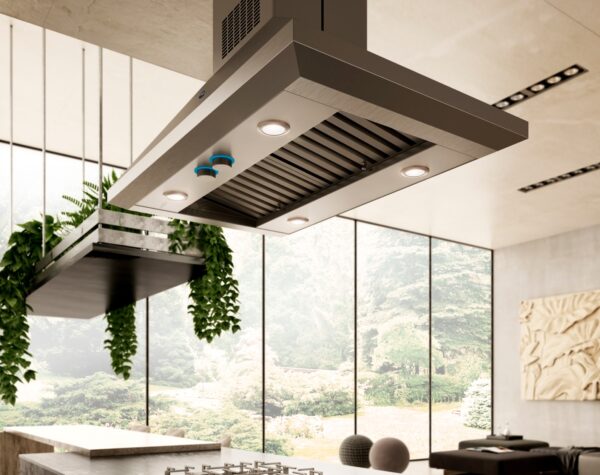 Potente e Silenciosa: motor duplo de elevada sucção de 2.000 m3 / hora, 4 velocidades e baixo nível de ruído, fundamental para cozinhas integradas a outros ambientes.