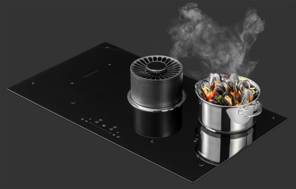 Acionamento Simultâneo da Coifa e Cooktop: ao ligar uma zona de preparo a coifa se eleva e aciona automaticamente a velocidade de sucção proporcional à potência de indução escolhida para cozinhar.