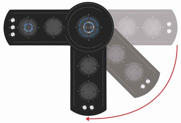 cooktop_tecno_rota_thv100_1.jpg Inovador Design Angular: o cooktop se adapta a forma da sua bancada, em ângulos de 90° a 270°. Proporciona melhor aproveitamento dos espaços devido a sua versatilidade de instalação.