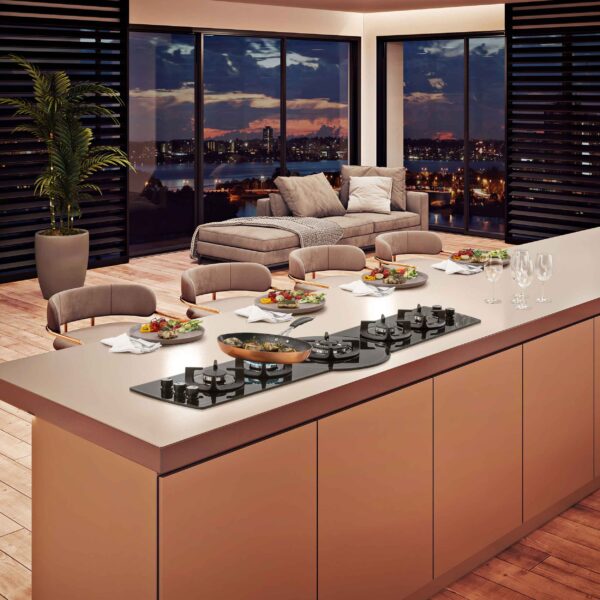 cooktop_tecno_rota_thv100_bancada_gourmet.jpg Aplicação em Bancadas Gourmet: os 5 queimadores em linha ao longo dos 151 cm do THV100 oferecem total interação entre o chef e seus convidados.