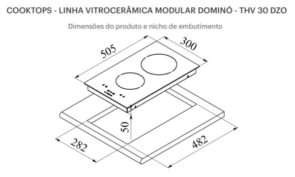 Gabarito de medidas e nicho de embutimento do cooktop em uma bancada.