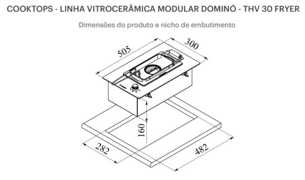 Gabarito de medidas e nicho de embutimento do cooktop em uma bancada.