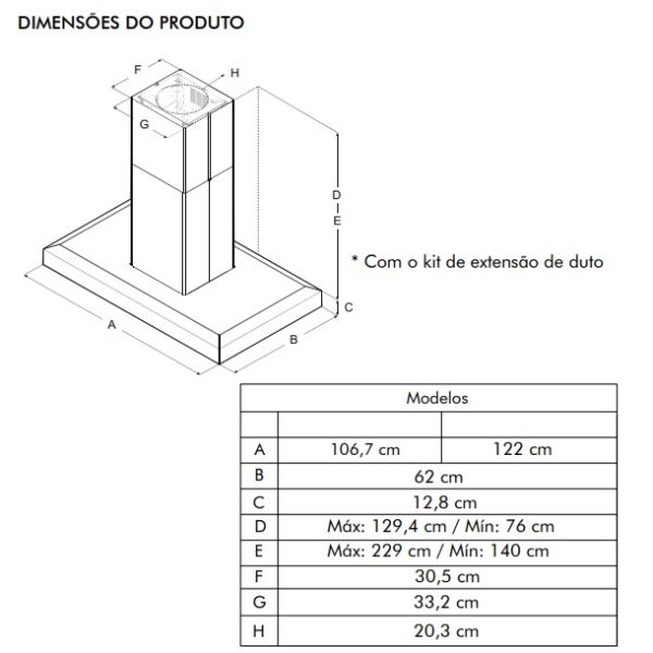 Medidas da coifa de ilha Elica VAVANO IS 120 - em mm.