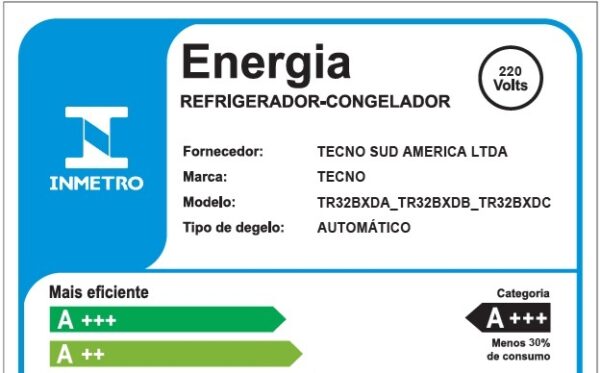 A +++ em Consumo de Energia: pontuação máxima por consumir em média 30% menos energia comparado aos demais refrigeradores. Consumo de apenas 38,4 kW/h por mês com baixo nível de ruído de 42 dB
