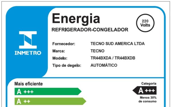 A +++ em Consumo de Energia: pontuação máxima por consumir em média 30% menos energia comparado aos demais refrigeradores. Consumo de apenas 33,5 kW/h por mês.