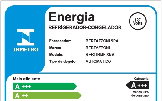 A +++ em Consumo de Energia: consome 30% menos energia comparado aos demais refrigeradores. Consumo de apenas 35,5 kW/h por mês com baixo nível de ruído de 43 dB, equipado com compressor Inverter de velocidade variável.