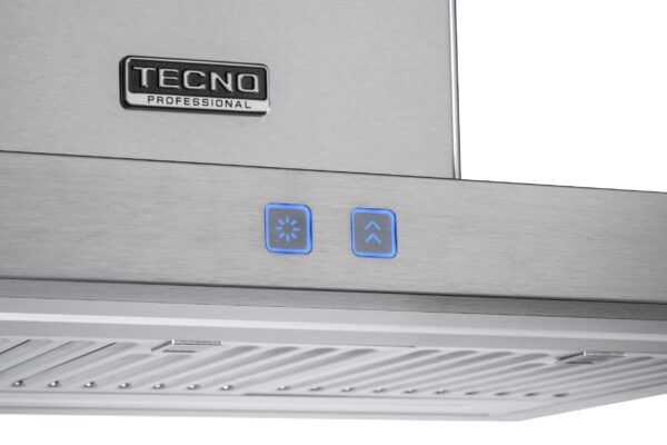 Teclas Acionadas por Toque: sem frestas e fácil de limpar para uma coifa sempre elegante e limpa em sua cozinha. Se iluminam em 4 diferentes cores selecionáveis: branca, azul, verde ou vermelha.