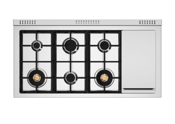 Mesa com 6 Queimadores profissionais: oferecem uma grande amplitude entre as potências máxima e mínima de chama, calor na medida certa para todas as suas aventuras culinárias.
