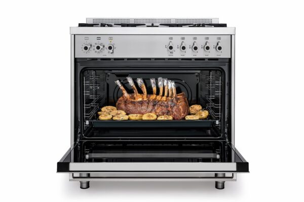 Forno Ventilado Elétrico de 142 l: com amplo espaço intermo e 9 versáteis funções que tornam mais rápido e fácil preparar todos os tipos de alimentos: multi-pratos, pizza, desidratar, manter aquecido, bolos e pães, assar rápido, gratinar, churrasco, descongelar e descongelar rápido.