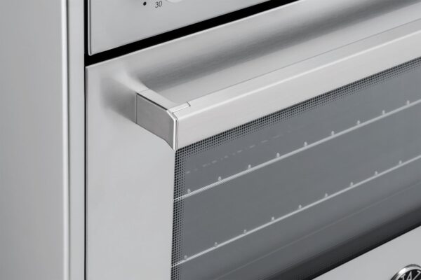 Puxador do Forno: com bordas angulares e elegante design ergonômico em aço escovado, presente em todos os produtos da linha Professional Series.