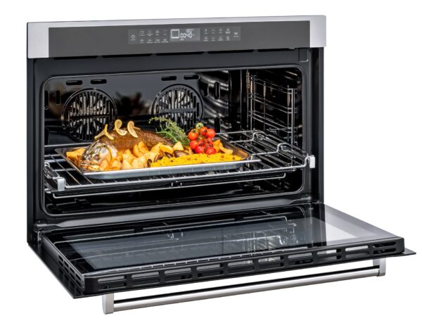 Função Multi Cooking: assa com o calor constante e uniforme de 4 resistências: superior, inferior e circular dos 2 ventiladores. Indicada para acabamentos gratinados e receitas de duração prolongada com temperatura mais baixa para resultados mais macios e suculentos (slow cooking).