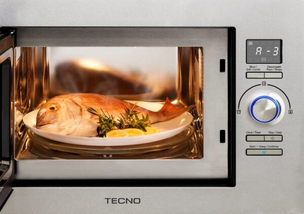 forno_micro-ondas_tecno_tm25ex_receitas_1.jpg 8 Receitas Programadas: para o preparo de vegetais, peixes, massas, batatas, pizzas, sopas e reaquecer alimentos, basta selecionar o peso que o forno ajustará automaticamente o tempo de preparo.