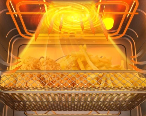 Função AirFry: alimentos crocantes e bem assados em alta temperatura de 250 ºC distribuída pelo ventilador superior de convecção sem usar óleo em sua ampla bandeja com capacidade de 3 litros.