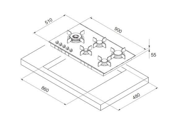 gab.jpg Gabarito 1 - Gabarito de medidas para nicho de embutimento do cooktop sobre um balcão.