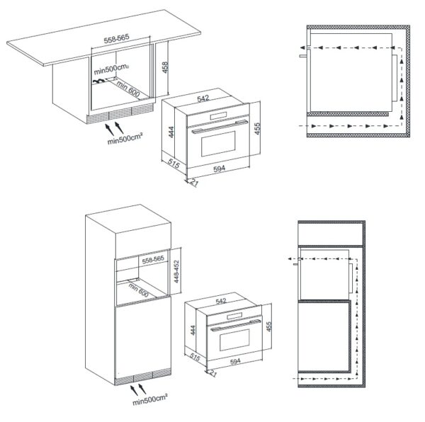 Medidas do forno combinado com micro-ondas Tecno Professional TK38 EXDP - em mm.
