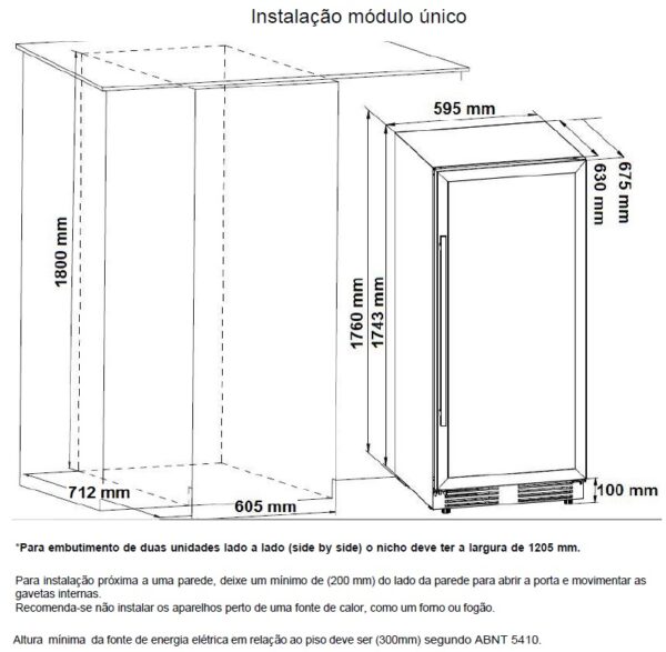 Nicho de embutimento da adega Tecno TR43 - medidas em mm.