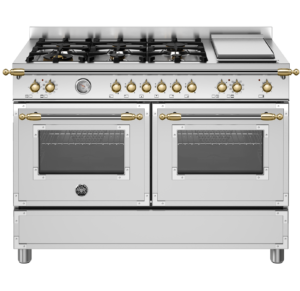Fogão Bertazzoni Heritage HER126 G2EXGT na cor inox e dourado.