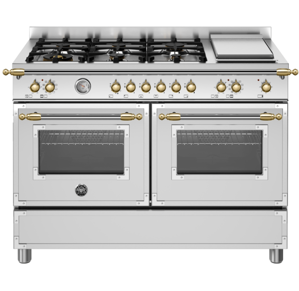 Fogão Bertazzoni Heritage HER126 G2EXGT na cor inox e dourado.