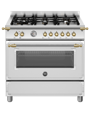 Fogão Bertazzoni Heritage HER96 L1EXGT em inox e dourado.