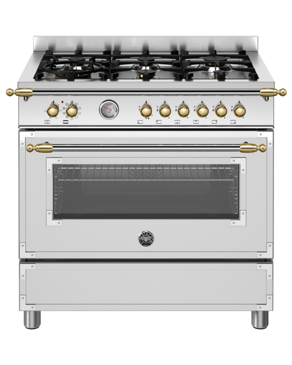 Fogão Bertazzoni Heritage HER96 L1EXGT em inox e dourado.
