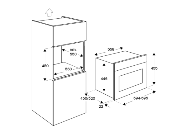 Forno combinado com micro-ondas Bertazzoni F457HER MWTXG, as 2 aberturas de ventilação traseira devem ter 60 mm de profundidade - medidas em mm.