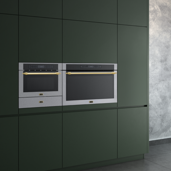 tecno-forno-compoe-conjuntos-vintage-b.png Compõe Conjuntos: com os demais produtos da linha Tecno Vintage com o mesmo design e puxadores tubulares em latão polido.