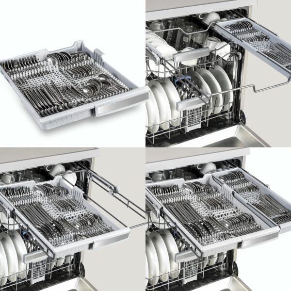 Bandeja de Talheres EasyTray: pode ser removida após a lavagem com todos os talheres. Suas 2 partes esquerda e direita são removíveis para criar mais espaço para as louças e copos no cesto superior.