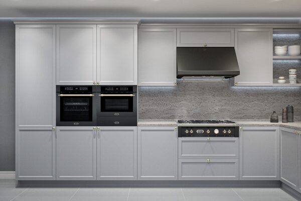 Compõe Conjuntos: com o forno combinado com micro-ondas, a gaveta aquecida, o rangetop LOFRA Dolcevita e a coifa Elica Calabria Vintage.