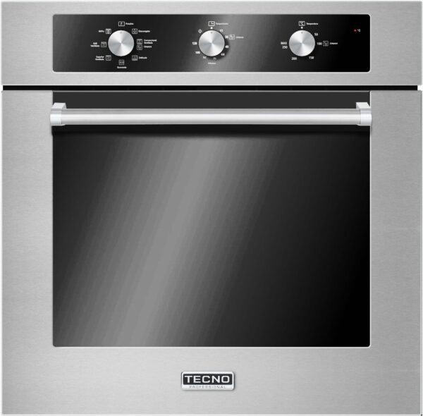 Design da Coleção Professional: elegante e robusta combinação do aço inox escovado não poroso com vidro negro, puxador tubular em aço escovado e emblema metálico cromado.